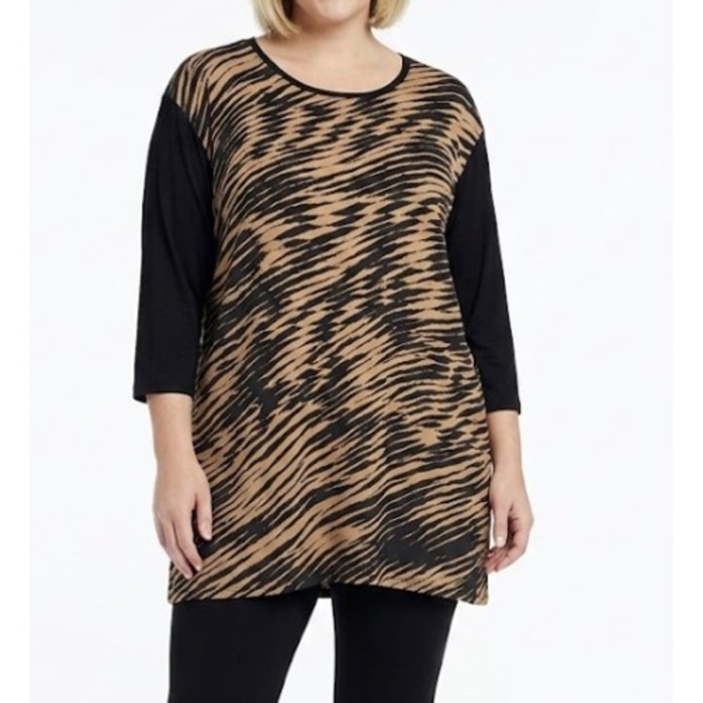 NIC+ZOE Tunic 1X Brown Animal Print Silk Front Knit Back 3/4 Sleeve Top